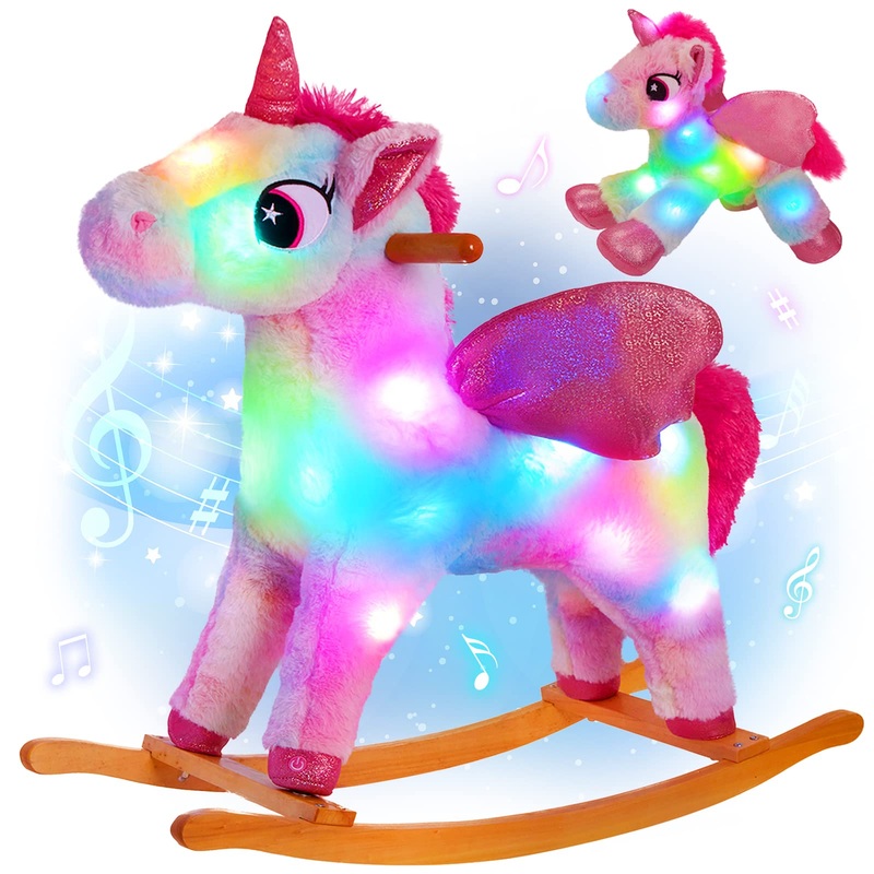 Glow Guards Light up Musical Unicorn Rocking Horse Set of 2 with Stuffed Rainbow Unicorn Toys Ride On Unicorn with Wooden Chair