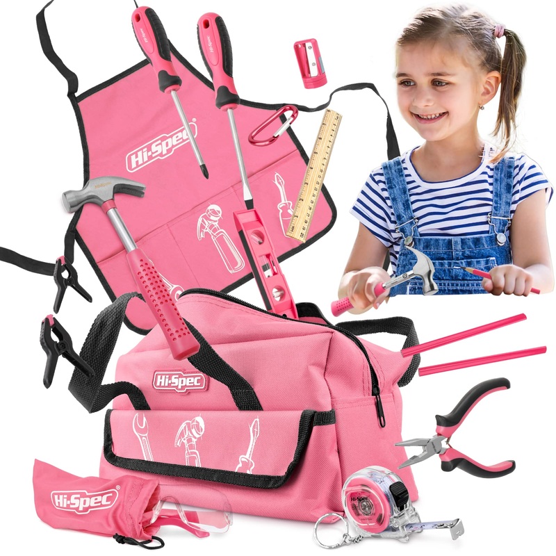 Hi-Spec 18pc Pink Kids Tool Kit Set & Child Size Tool Bag. Real Kit for DIY Building, Woodwork & Construction