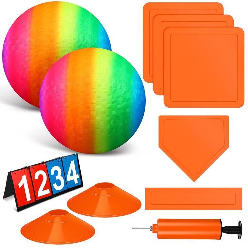 Jenaai 9 Pcs Sports Kickball Set Include 2 Pieces Kickball 5 Pieces Bases Flip Scoreboard and Pump for Boys and Girls Basketball