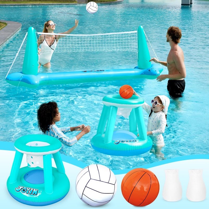 JOYIN XL Inflatable Pool Float Set, 125” Volleyball Net & Basketball Hoops, Extra Large Floating Swimming Game Toy for Kids and