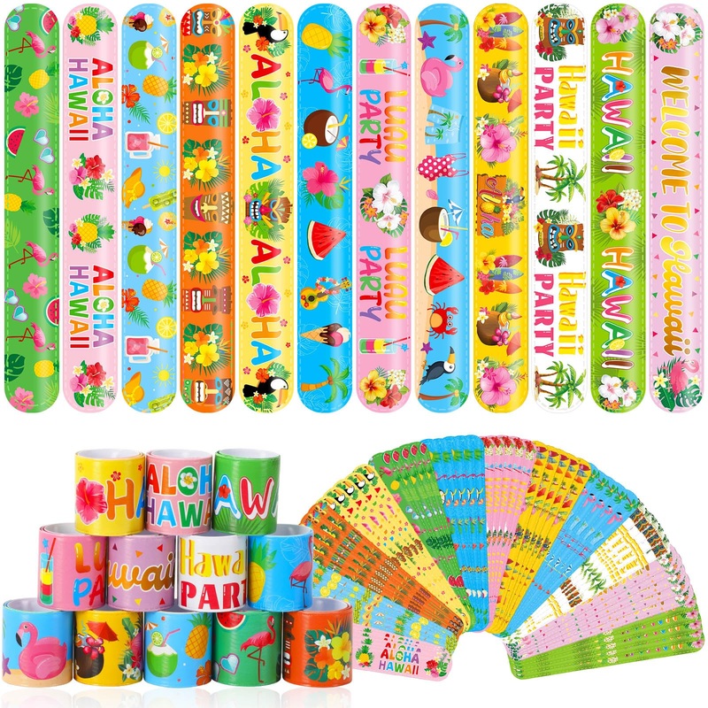JUNEBRUSHS 56Pcs HawaiianTheme Slap Bracelets, Hawaii Luau Snap Bracelets Wristbands Bulk for Kids Aldults Tropical Hawaiian Lua
