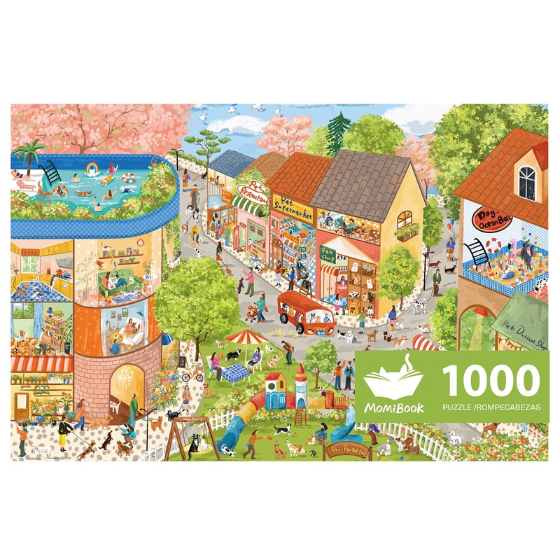 MOMIBOOK Puzzles for Adults 1000 Piece Jigsaw Puzzles of Living with Pets, Twinkle Laminate Painting Image Town Puzzles Difficul