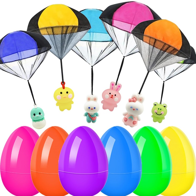 NAISEN 6 Pack Prefilled Easter Eggs with Parachute Toys Inside, Easter Basket Stuffers for Kids with Hand Throw Flying Toys, Boy