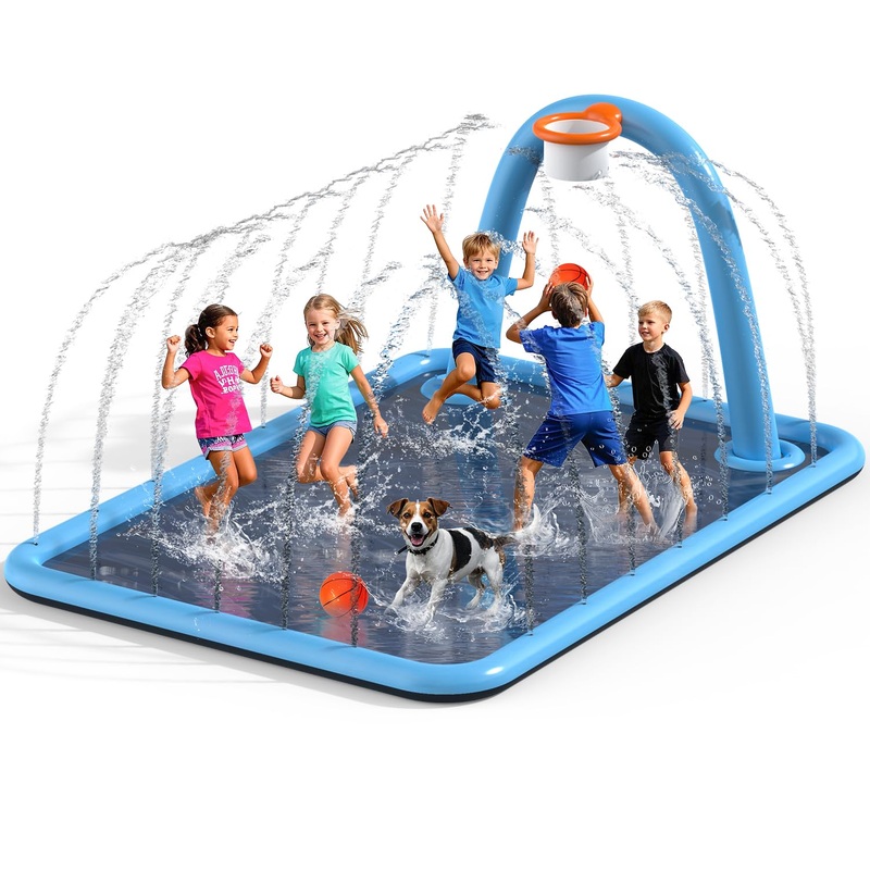 Octplay Splash Pad for Kids & Dogs, 102×87” Large Sprinkler Pad Water Toys with Basketball Hoop, Thickened Non-Slip Splash Mat,