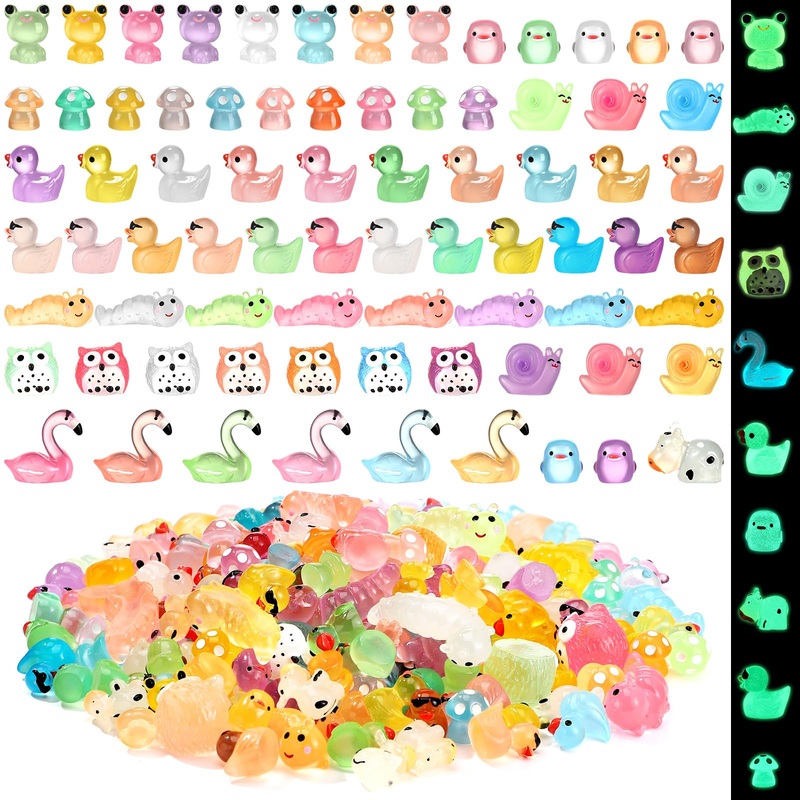 Seenelling 240 Pcs Mini Resin Animals Miniature Luminous Animals Ducks Mushrooms Owls Flamingos Tiny Glow in The Dark Figures fo