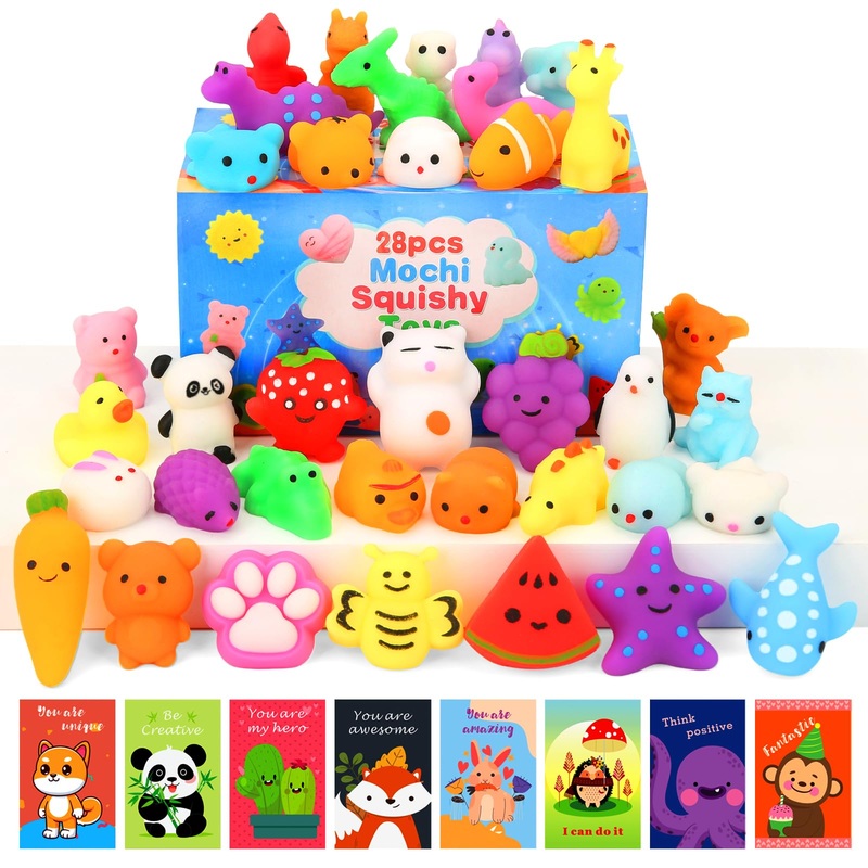 Squishy Toys, 28 Pack Squishies and Cards Party Favors for Kids 4-8 8-12 Treasure Box Classroom Prizes Mochi Squishy Cat Fidget