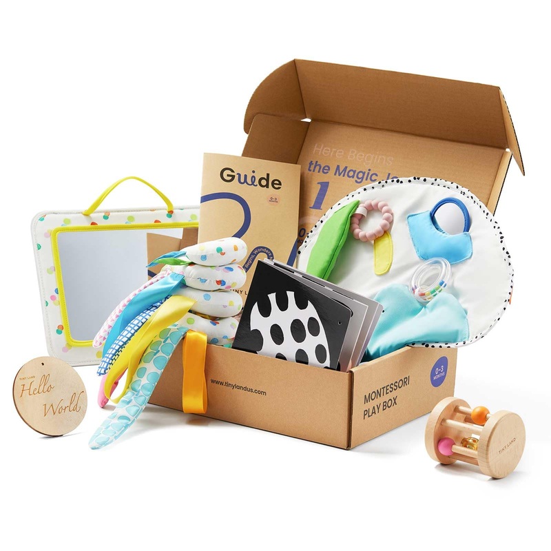 Tiny Land Montessori Baby Toy Set 0-3 Months Newborn Development Sensory Play Kit – 5-in-1 Mirror, Black & White Card Set, Rolli