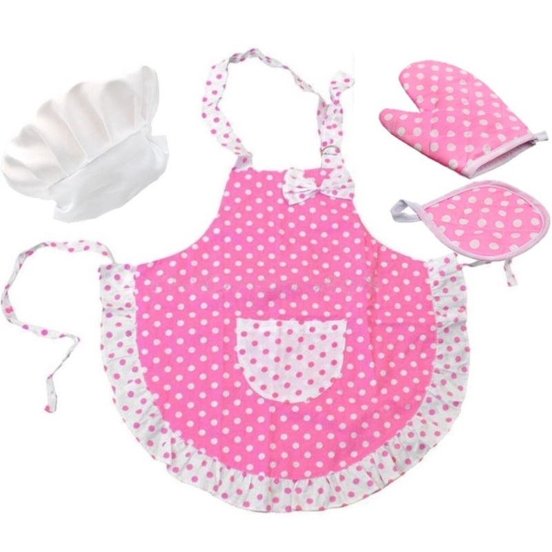 Toddler Baking Outfit / Pink Apron/ White Chef Hat/ Oven Mitt and Hot Pad (4 Items) -Toddler/Preschool Baking for Real Cooking o
