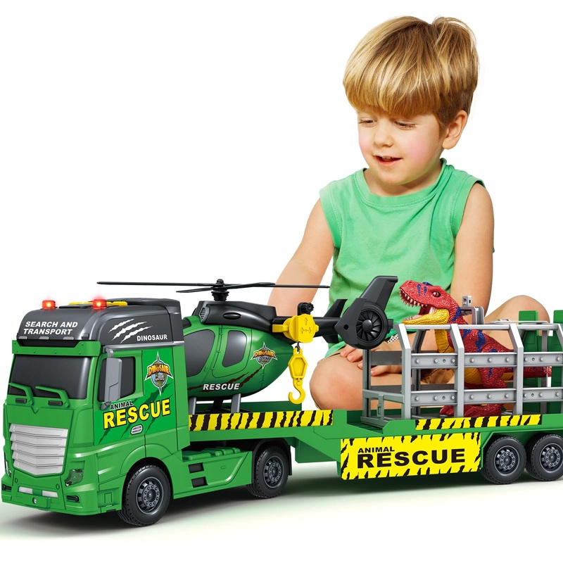 Toddler Boy Toys for 3 4 5 6 7 Years Kids, 23” Semi Flatbed Truck Toy with a Dinosaure Truck, Friction Powered Vehicles Toys wi