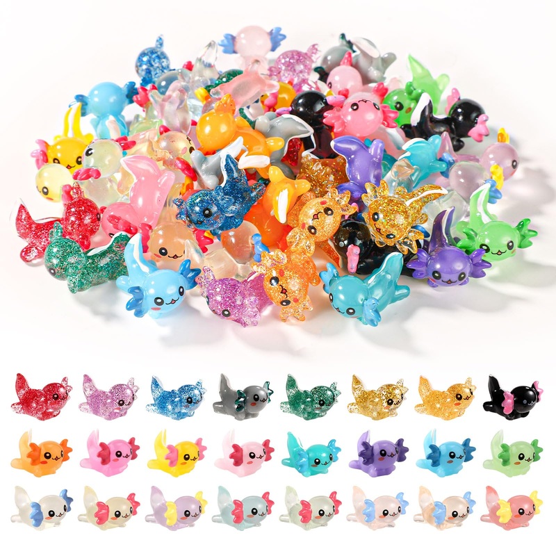 XIHIRCD 48pcs Mini Resin Axolotl, 3 Styles Tiny Miniature Axolotl Figurines Small Rubber Axolotl Ornament Toy Little Animals Cha