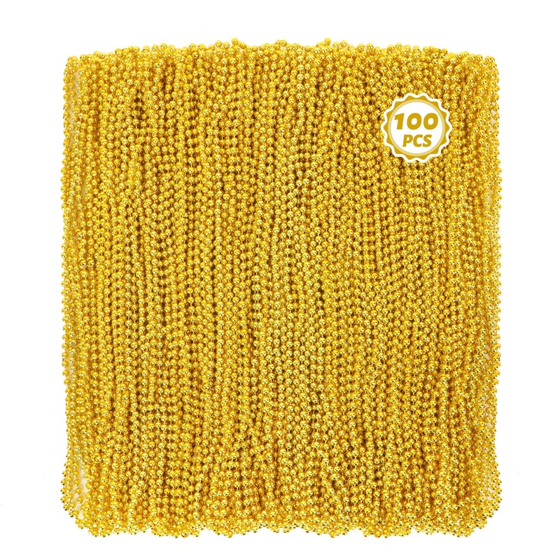 100 Pcs Mardi Gras Beads, 33” Gold Beads Necklaces, St Patricks Day Beads Necklaces Bulk, Round Beaded Parade Throw Accessories