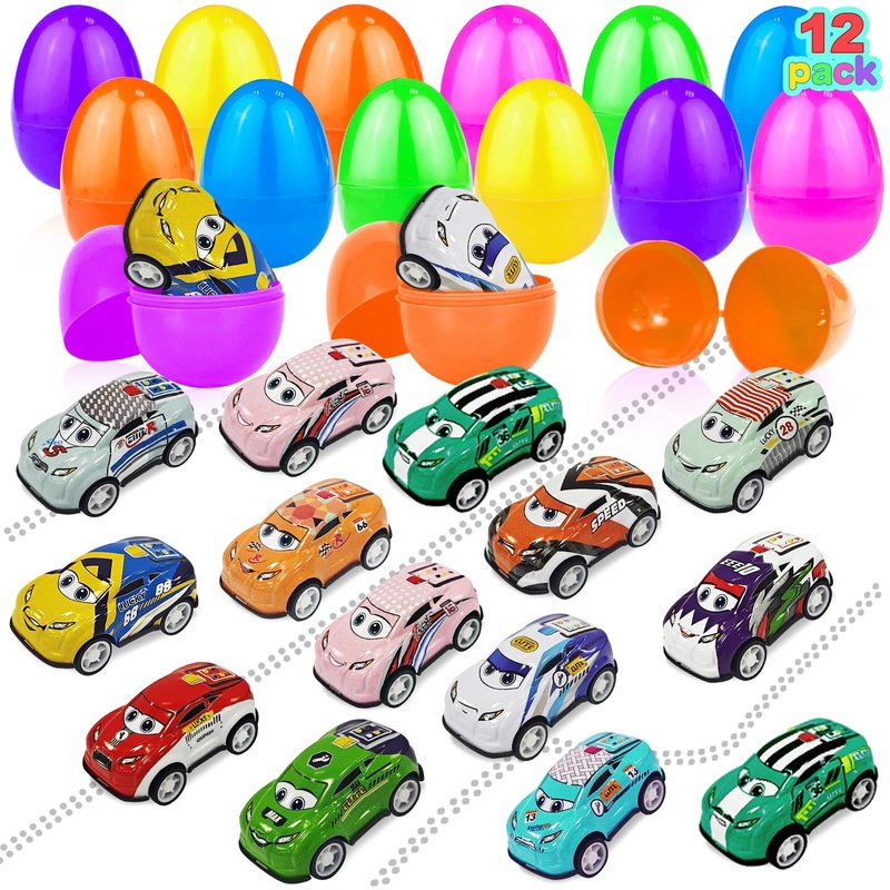 12 Pack Prefilled Easter Eggs Filled With Pull Back Car Toys, Colorful Easter Eggs Vehicle For Kids Boys Toddlers Easter Basket