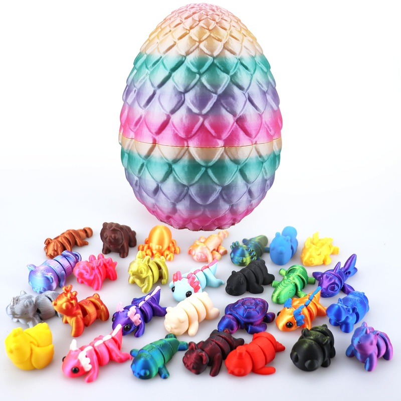 28 Pack Mystery Mini Animal Packs – 3D Printed Dragon Egg Articulated Fidget Toy, Easter Basket Stuffers Surprise 3D Printed Ani