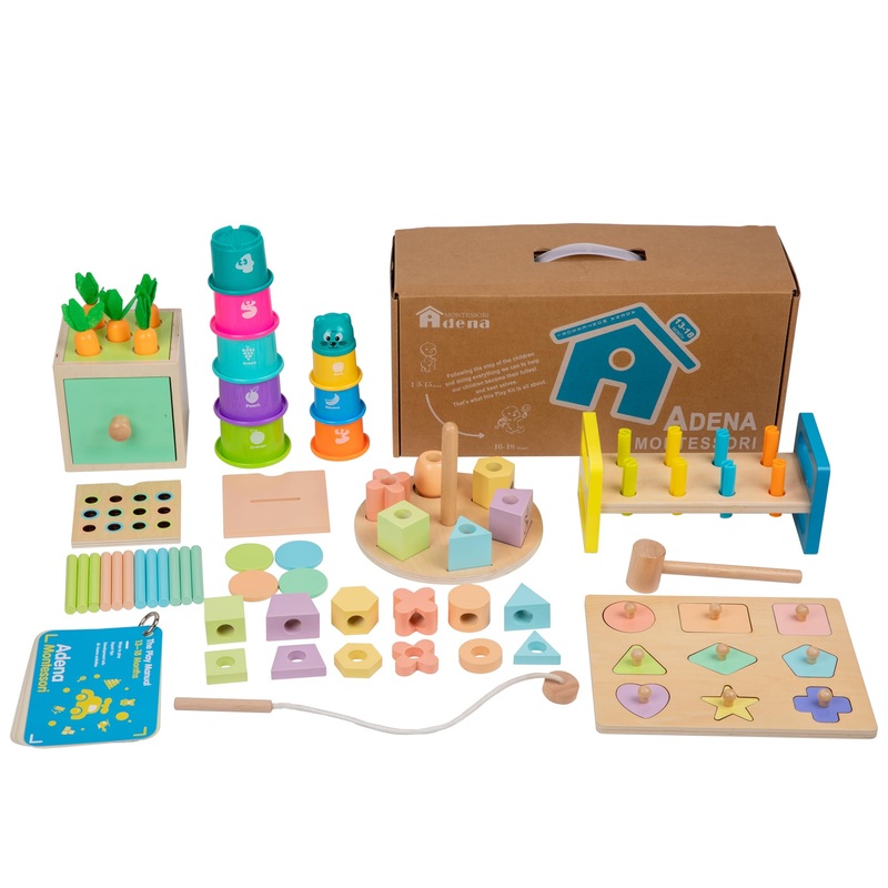 Adena Montessori Play Kit For 13-18 Month Baby,8 In 1 Toy,Colorful Stacking&Nesting Cup,Coin Bank,Coins,Carrots Lid,Carrots,Post