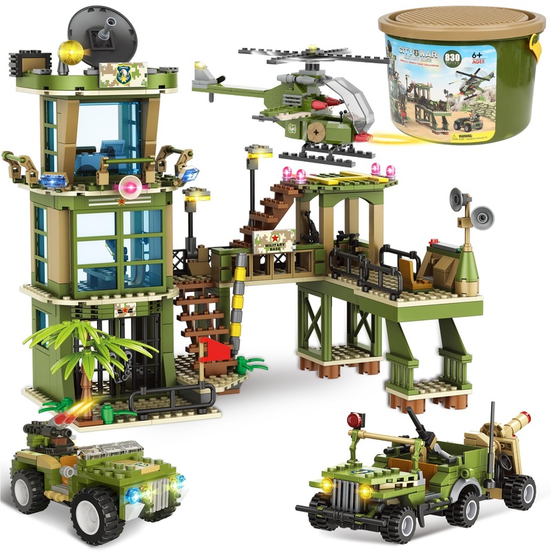 Army Station Military Base Building Block Set, The Line Of Fire Attack Toy Set, With Military Truck, Army Car, Airplane, And Por