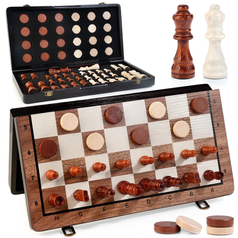 Bravmate 2 In 1 Magnetic Wooden Chess And Checkers Set, 15 Inches Folding Chess Board Game With 2 Extra Queens, Portable Travel