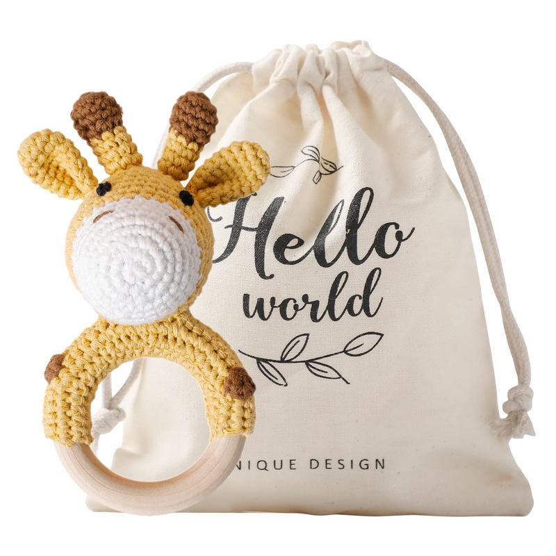 Crochet Baby Rattle 0-6 Months, Handmade Newborn Toys, Organic Wooden Animal Baby Rattle,Knitted Stuffed Animals Gifts For Baby,