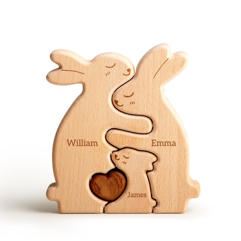 Customizedbee Rabbit Family Puzzle, Personalized Wooden Puzzles With 2-5 Names, Unique Birthday For Kids Families Friends, For T