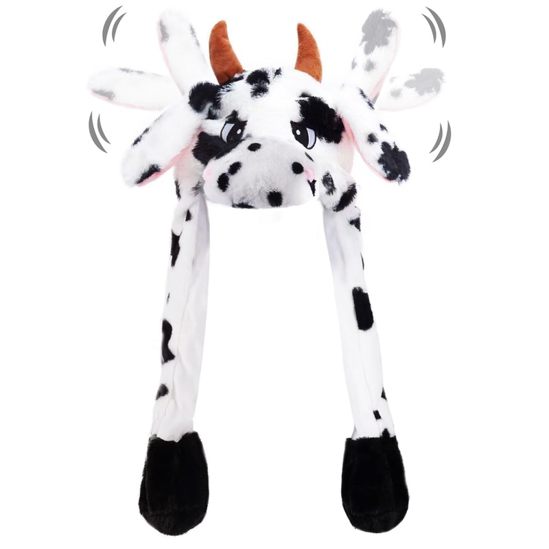 Ear Moving Jumping Hats Animal Plush Earflaps Movable Dancing Ear Hat Cap For Halloween Easter Christmas Novelty Party(Cow)