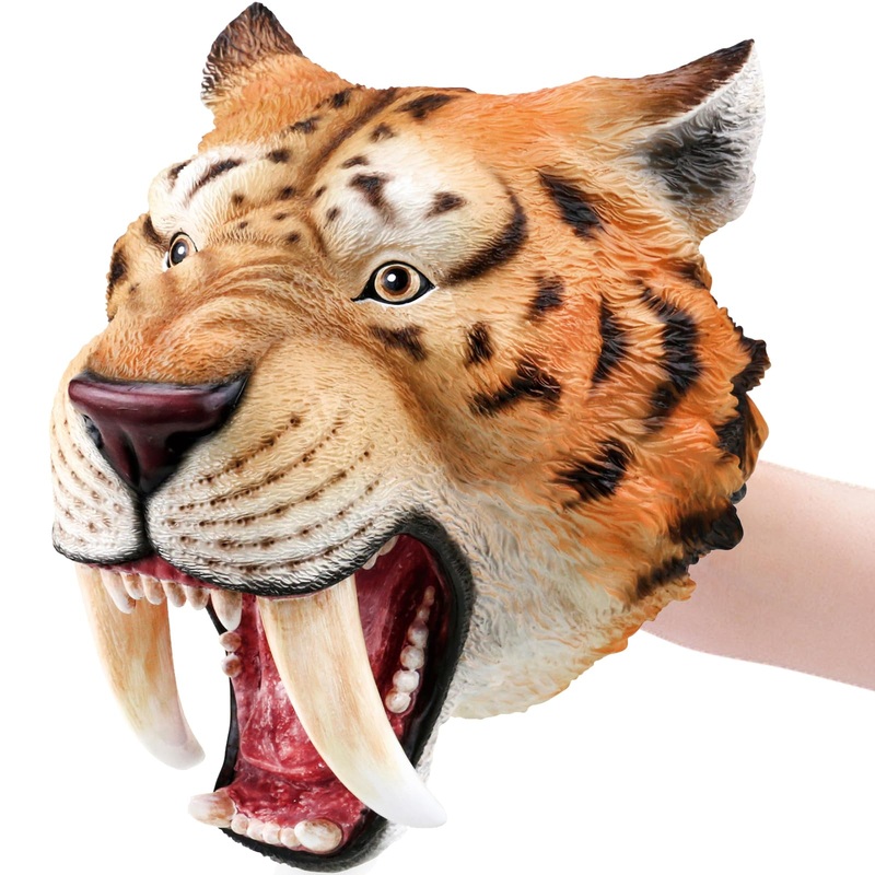 Gemini&Genius Saber-Toothed Tiger Hand Puppet, Saber-Toothed Wild Animal Puppets Toys, Soft Rubber- Realistic Action Figure Toys