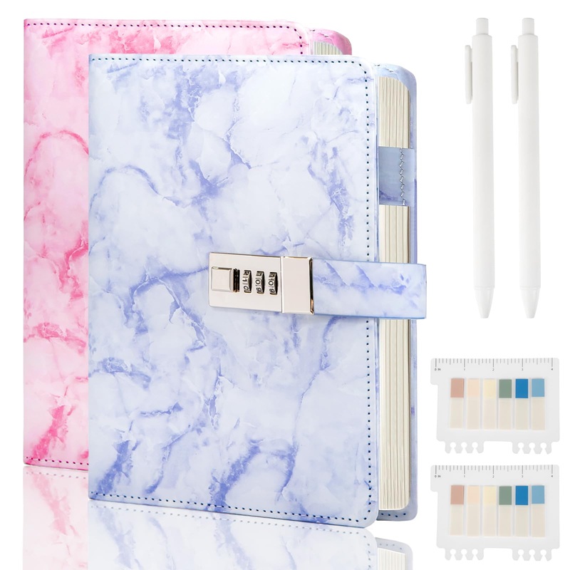 Kutoda Marble Diary With Lock, 2 Pack 192 Pages College Ruled Secret Journal With Lock, Waterproof Diary With Lock, A5 Journal W