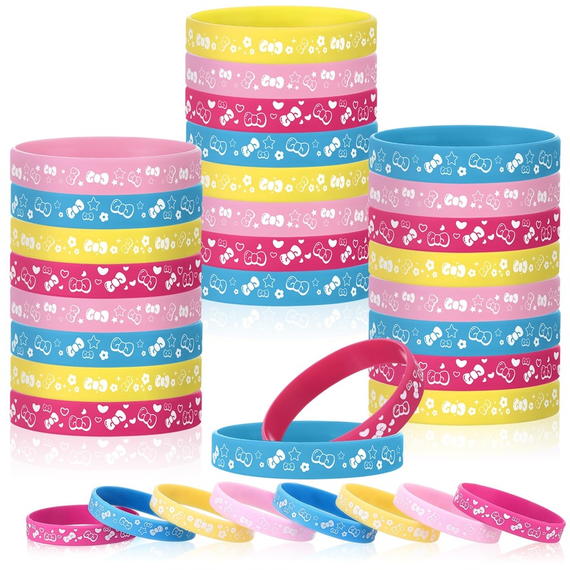 Landical 24 Pcs Cute Cartoon Pink Cat Party Favor Bow Tie Flower Patterns Silicone Bracelets Birthday Decorations For Cute Carto
