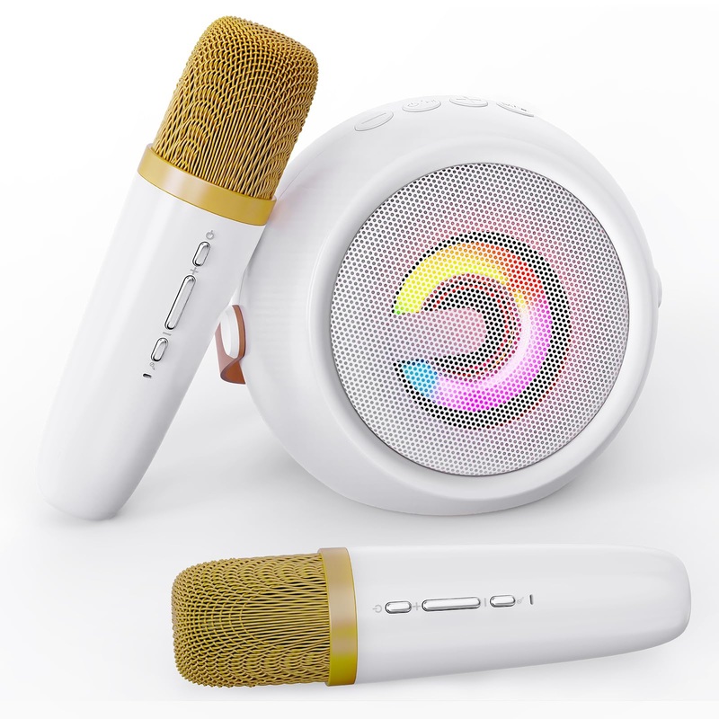 Mini Karaoke Machine For Kids, 2 Wireless Microphones & 4 Magic Voices, Led Portable Design For Indoor Outdoor Party Singing Fun