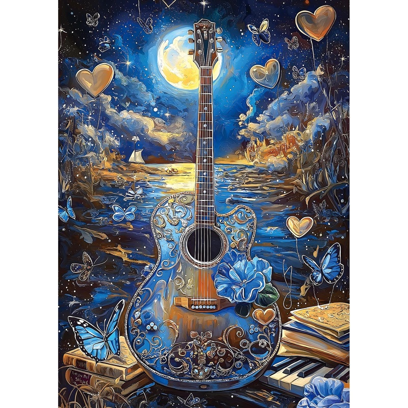 Miniwan 1000 Piece Jigsaw Puzzles For Adults- Fantasy Guitar Moonlight Puzzle – Blue Night Sky With Butterflies Challenging Puzz