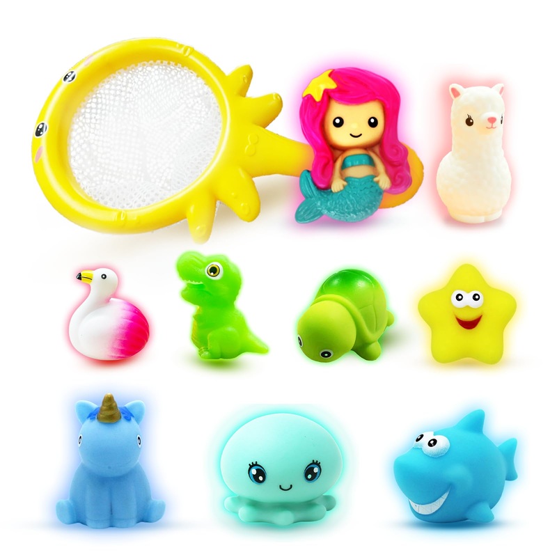 No Hole Light Up Bath Toys, 9Pcs Flashing Colourful Bathtub Mermaid Toy With Storage Bag And Net Fishing For Swimming Pool Party