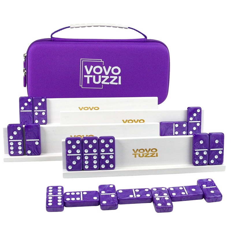 Vovotuzzi Dominos Set For Adults, Double 6 Dominoes Set With 4 Domino Wooden Racks, Marble Purple Dominos For Kids And Adults Wi