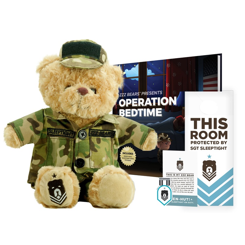 Zzz Bears Sgt Sleeptight Army Teddy Bear With Storybook & Sleep System, Comforting Gift For Army Kids, Helps With Bedtime Routin