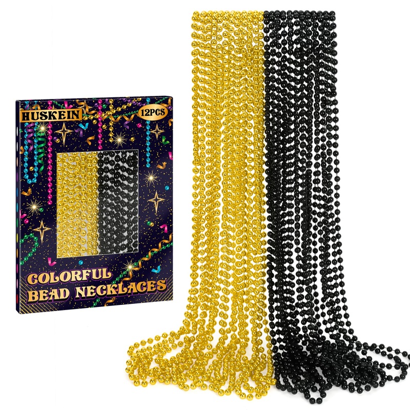 12 Pcs Mardi Gras Beads Bulk, New Year Beaded Necklaces, 33” Blackgold Beads Graduation Beaded Stuff Set, Carnival Round Costum
