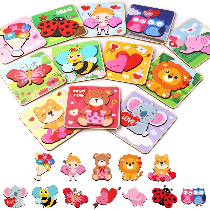 12Pcs Valentines Day Gifts For Kids Valentine Wooden Puzzles For Toddlers Learning Toy Valentines Day Puzzles Party Favors For B