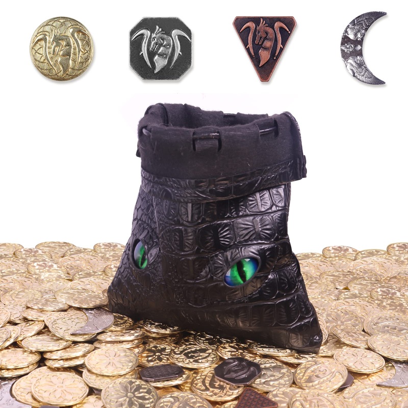 145Pcs Metal Dnd Coins & Leather Bag, Contains 60 Gold Coins, 40 Sliver Coins, 40 Copper Coins And 5 Platinum Coins, Tokens With