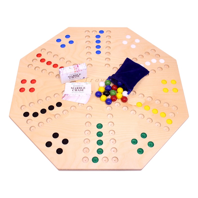 Amishtoybox.Com Travel Marble Chase (Cards N’ Marbles) Wooden Board Game Set – Double-Sided 23” Wide Board – Includes Carry Bag