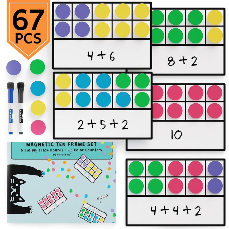 Attractivia 67 Pcs Giant Magnetic Ten Frames Set With Magnetic Counters – Math Manipulatives For Kindergarten, Preschool And 1St