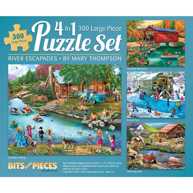 Bits And Pieces – 4-In-1 Multi-Pack 300 Piece Jigsaw Puzzles For Adults – River Escapades By Artist Mary Thompson, Completed Puz
