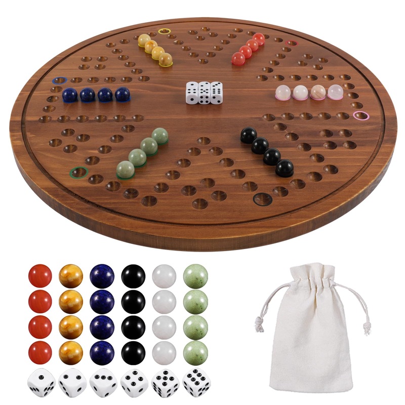 Circular Large Marble Board Game With Double-Sided Painted Wooden Fast Track Board Game With 30 Marbles 6 Dice4-Player Game 6-Pl