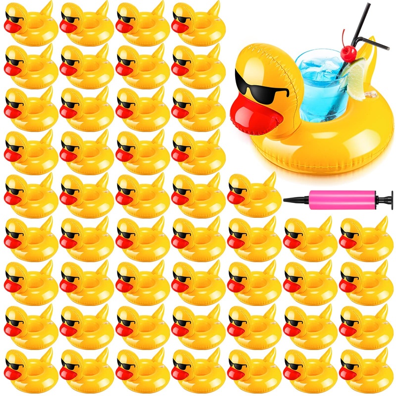 Deekin 50 Pcs Inflatable Duck Drink Floats Reusable Cute Pool Drink Holders Set Lightweight Inflatable Float Cup Coasters With A
