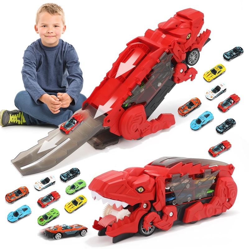 Dinosaur Truck Toy For Boys & Girls Ages 3-7 – Foldable T-Rex Car Transporter With Race Track, Dino Hauler Playset With 8 Die-Ca
