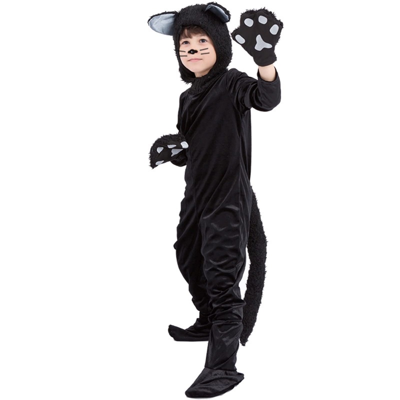 Jsiicennf Black Cat Animal Costume Girls, Kids Black Cat Halloween Cosplay Dress Up Jumpsuit Costume For Girls Boys (Large)