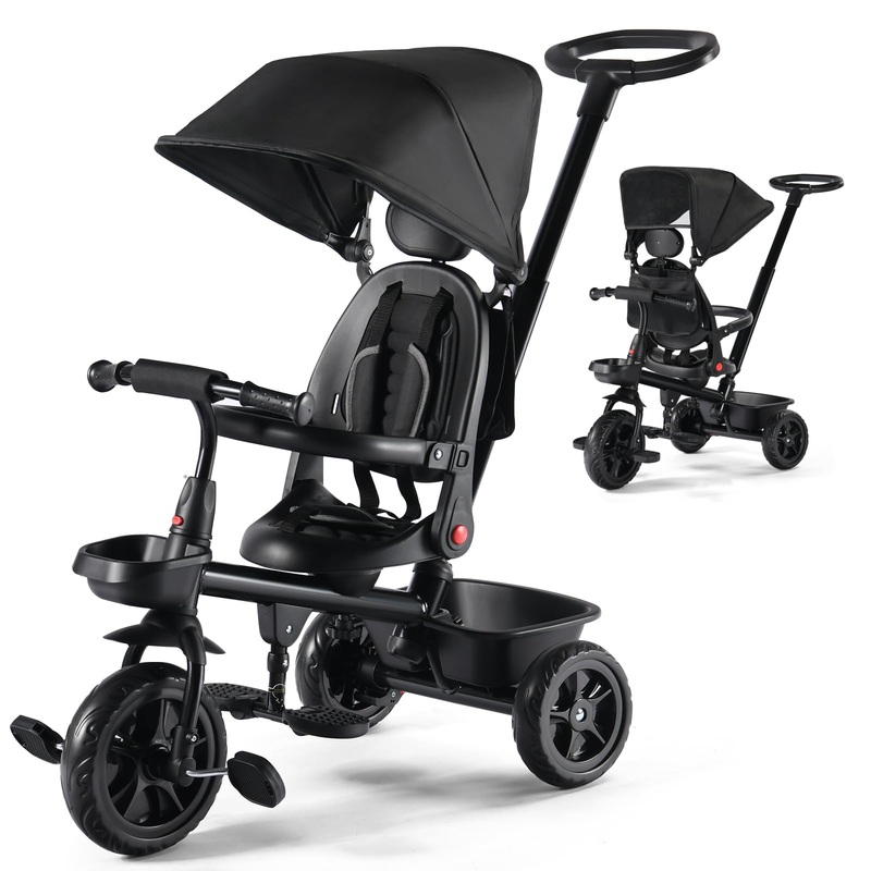 Kinder King Kids Tricycle, 6 In 1 Toddler Trike W/Adjustable Push Handle, Rotatable Seat, Adjustable Canopy, Safety Harness, Sto