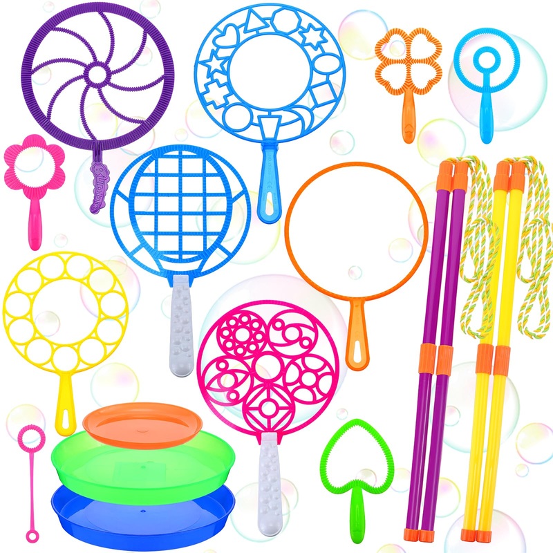 Lenwen 16 Pcs Giant Bubble Wands Kit Big Maker Toy Large Gigantic Bubble Wands With Refill And Tray For Summer School Birthday O