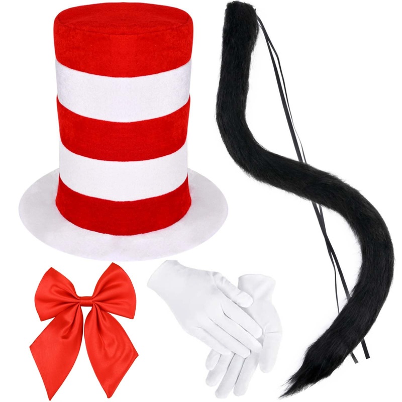 Matiniy 4 Pcs Cat Costume Set Include Red And White Striped High Hat Gloves Bowtie And Tail For Boys Girls World Book Day Dress