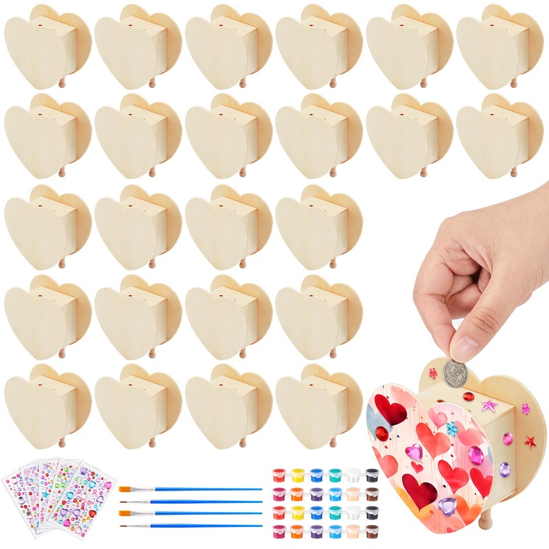Tioncy 24 Pcs Diy Wooden Piggy Banks Unfinished Heart Shaped Wooden Piggy Coin Banks With 4 Paint Strips 4 Brushes 5 Sheets Gem