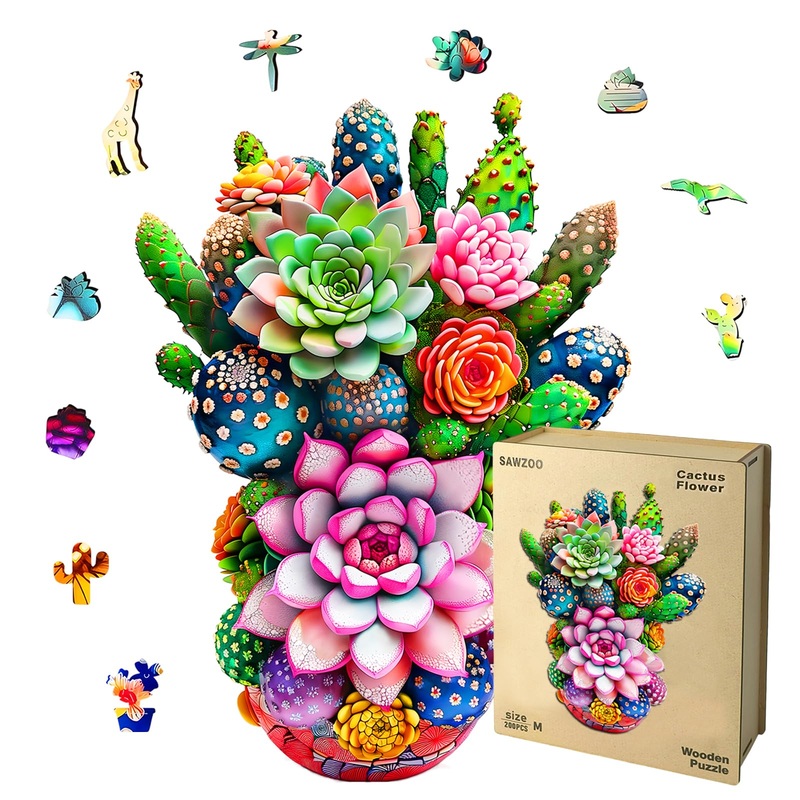 Wooden Jigsaw Puzzles For Adults And Kids, Cactus Flower 200 Piece Unique Shaped Puzzle, Family Game And Creative Wooden Puzzle