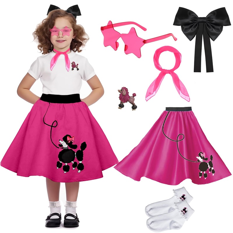 1950S Girls Poodle Skirt Dress Up Kit, Bobby Sock,Chiffon Scarf, 50S Costume Outfit For Kids Toddler (Hot Pink, 4-6 Yrs)