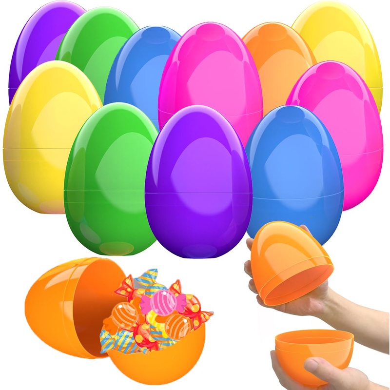 Calest 12 Pcs Jumbo Easter Eggs, 6 Inch Fillable Plastic Easter Eggs Bright Color For Easter Hunt Party Supplies, Large Colorful