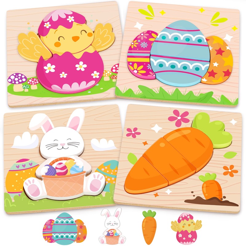 Easter Toys Gifts For Kids Toddlers – 4 Pack Wooden Puzzles With Rabbits, Carrots, Chicks, Eggs Design, Easter Party Favors For