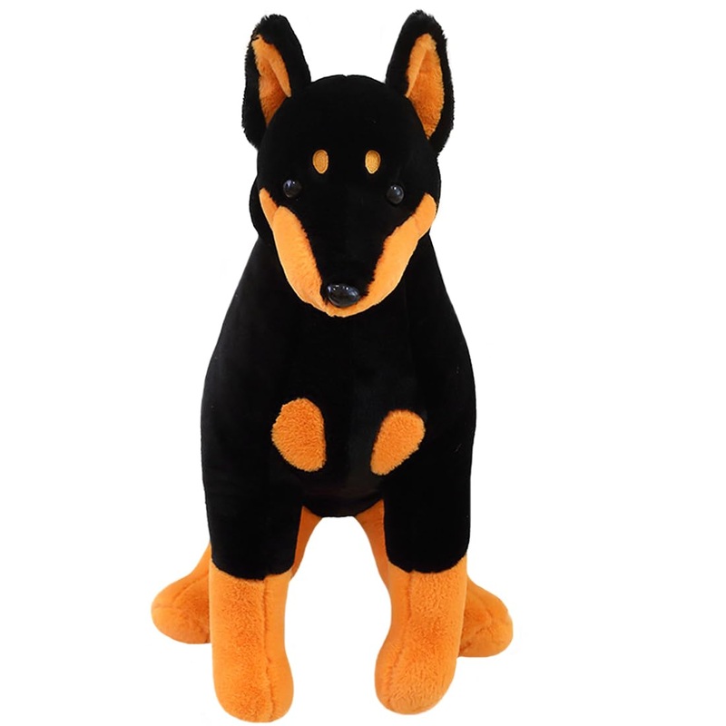 Elainren Sitting Doberman Pinscher Plush Lifelike Dog, Cute Doberman Puppy Stuffed Animals Toy,Stuffed Doberman Dog Plushies Gif
